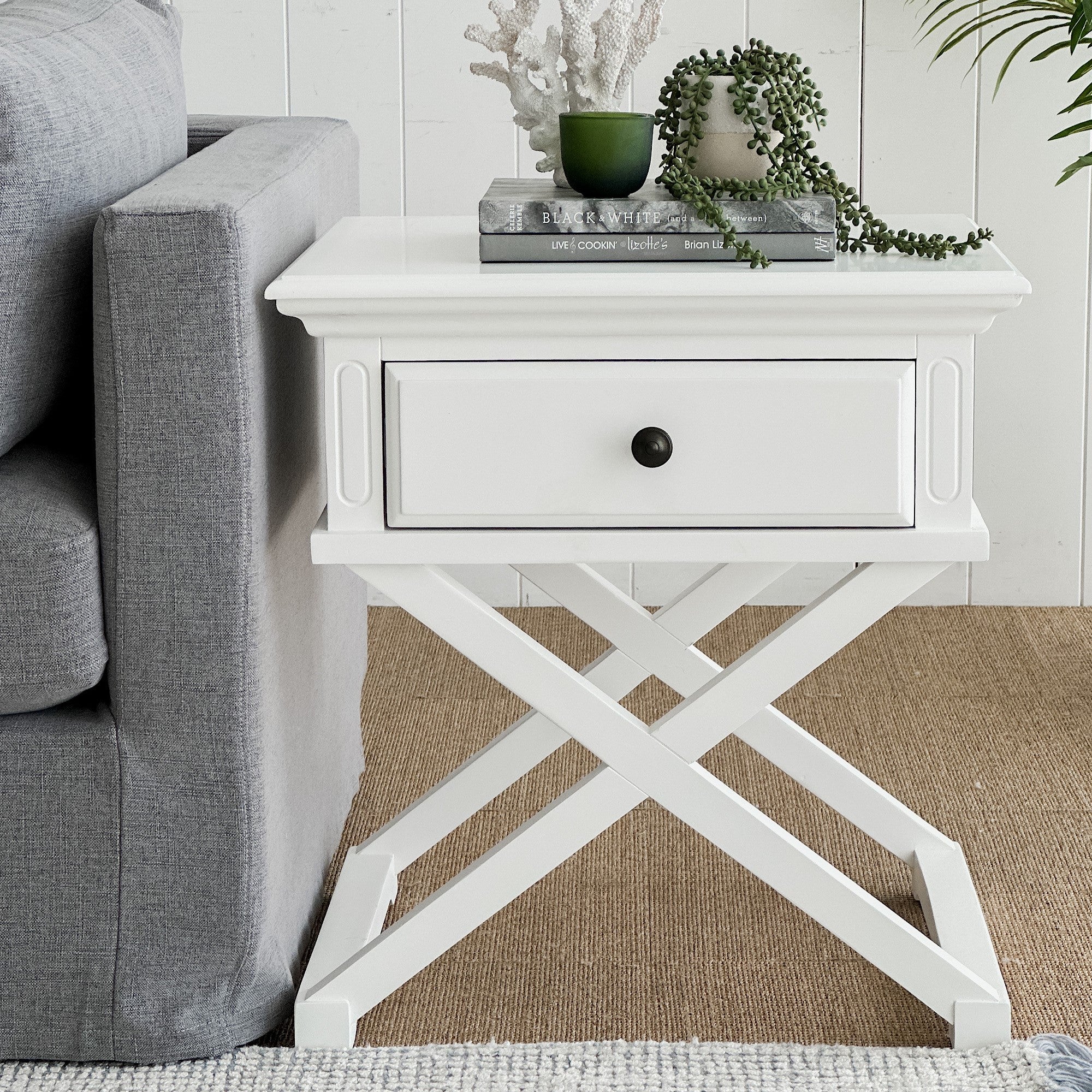 Sorrento Cross Leg Hamptons Side Table W/Drawer White - Image 2