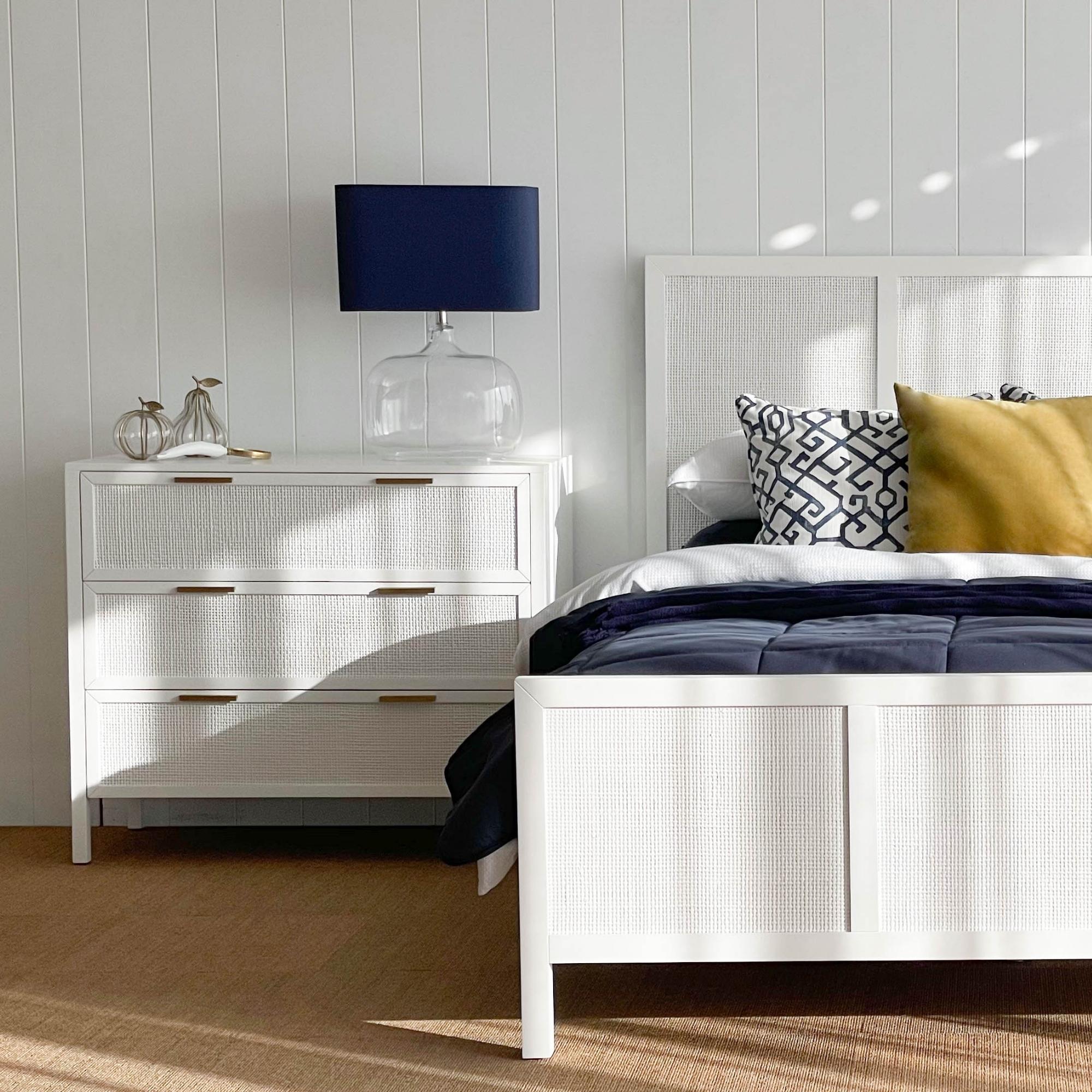 Santorini Hamptons 3 Drawer Timber/Rattan Dresser 100cm White - Image 3