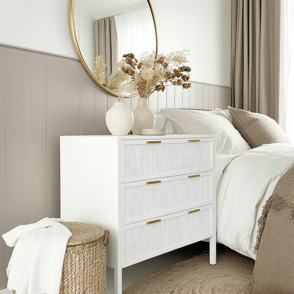 Santorini Hamptons 3 Drawer Timber/Rattan Dresser 100cm White - Image 2