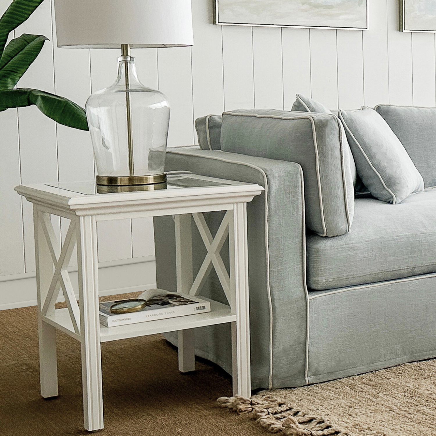 Sorrento Hamptons Square Side Table W/ Glass Top White - Image 2
