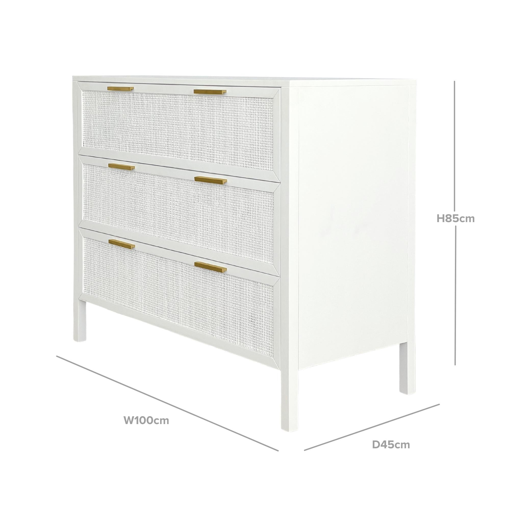 Santorini Hamptons 3 Drawer Timber/Rattan Dresser 100cm White - Image 5