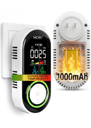 5-in-1 Plug-in CO Gas & Smoke Detector with LCD Temp Humidity Monitor, Battery Backup(Non-Smart)