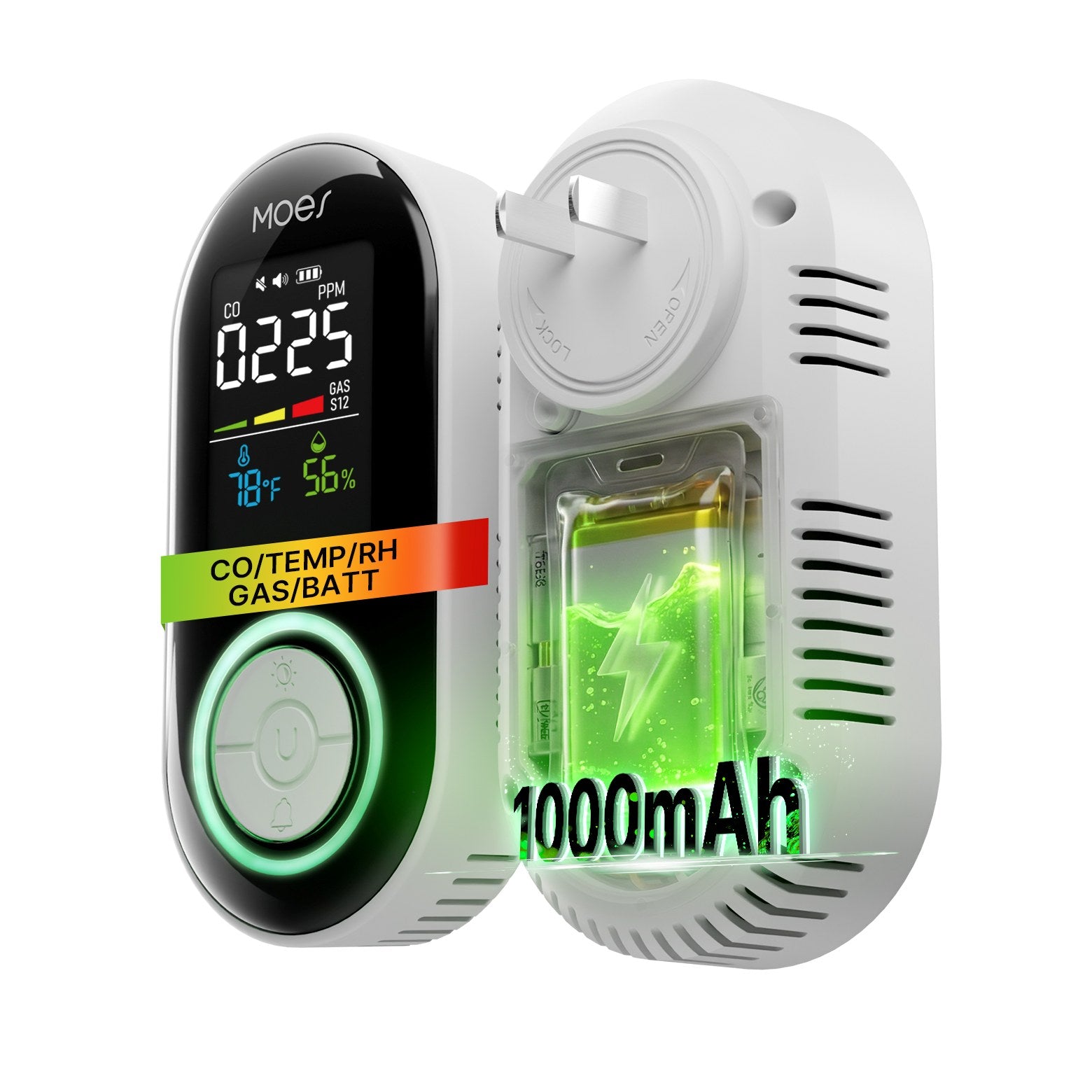 2nd Gen 4-in-1 Plug-in CO & Natural Gas Detector with LCD Display, Temp Humidity Monitor, Battery Backup(Non-Smart)